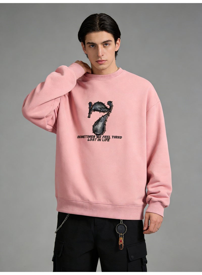 BM INS Dusty Pink "Distressed Number 7" Graphic Oversized Crew Neck Sweatshirt | Unisex Pullover With "SOMETIMES WE FEEL TIRED LOST IN LIFE" Slogan - Image 2